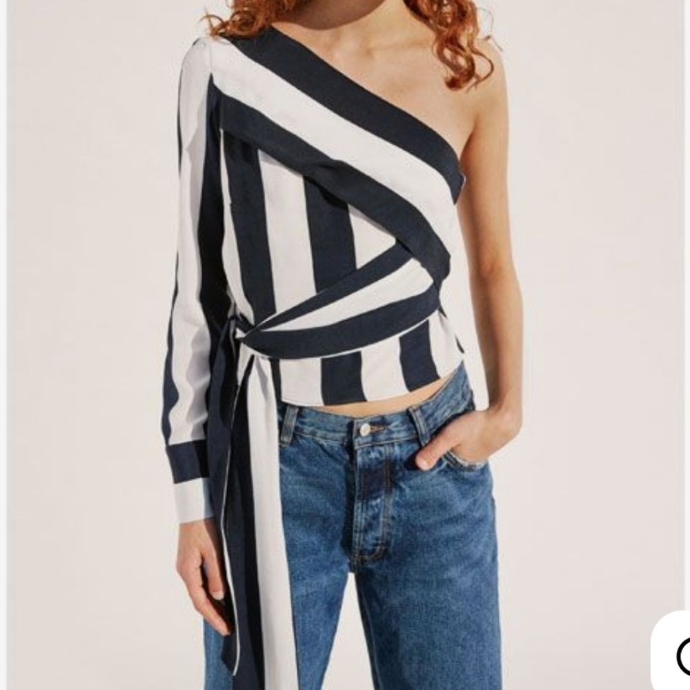 Zara Navy and White Striped Asymmetrical Blouse. UK L, US L.